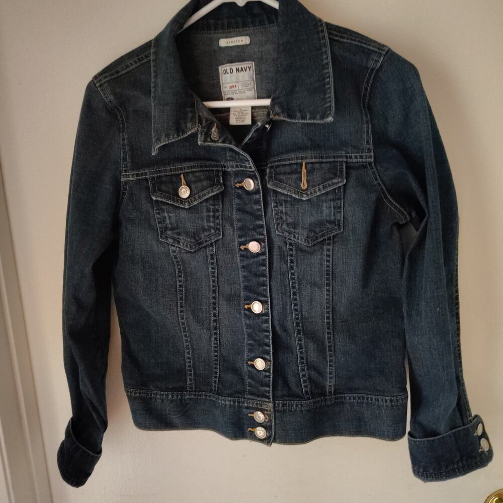 Old Navy Dark Wash Stretch Denim Jacket – Rolled Cuffs, Waistband – Women’s Sm.